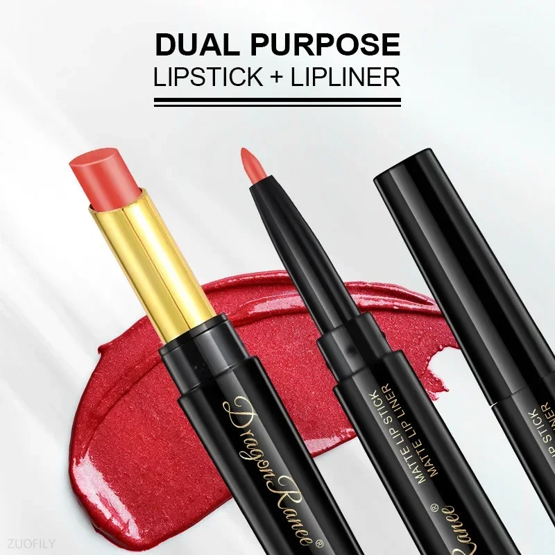 Batom Matte 2 em 1 em Lápis com Ponta Dupla, Delineador Labial em Pasta, Longa Duração, À Prova D'Água, Ideal para Maquiagem Feminina_voghion.com