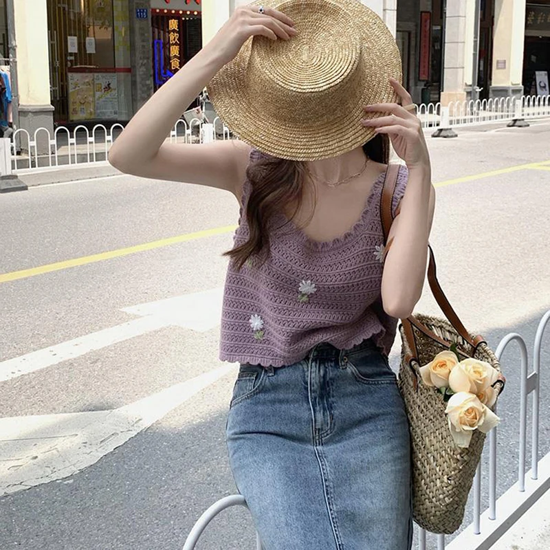 1 Stück aushöhlen Blumen Stickerei Tank Top Frauen gestrickt Sommer ärmelloses Leibchen – Detail 11