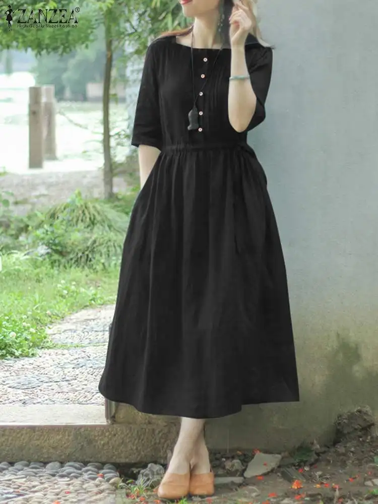 

ZANZEA Fashion Pleated Design Dresses Summer Elegant A Line Dress Woman Short Sleeve Square Neck Sundress Female Casual Robe