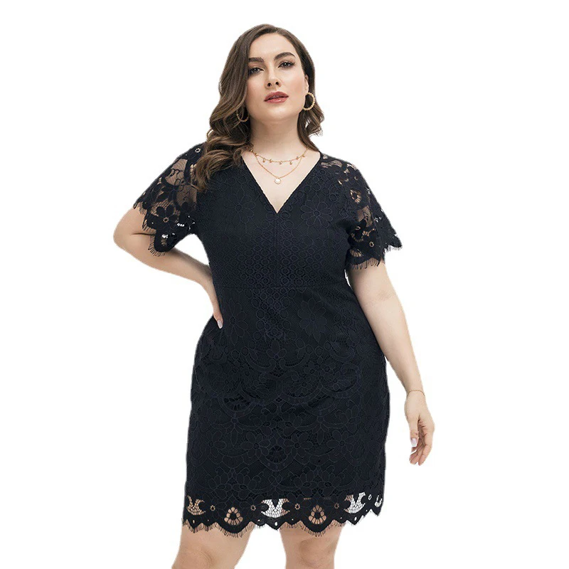 

Plus Size Black Lace Dress for Women 2023 Summer V-neck Wrap Hip Skirt Elegant Dresses Casual Female Clothing