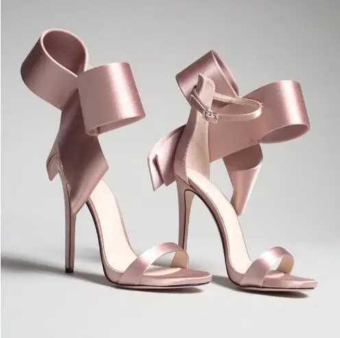 Summer Red Black Green Satin Big Butterfly Knot High Heel Sandals Sexy Women Night Club Bow Tie One Line Ankle Strap Heels Shoes