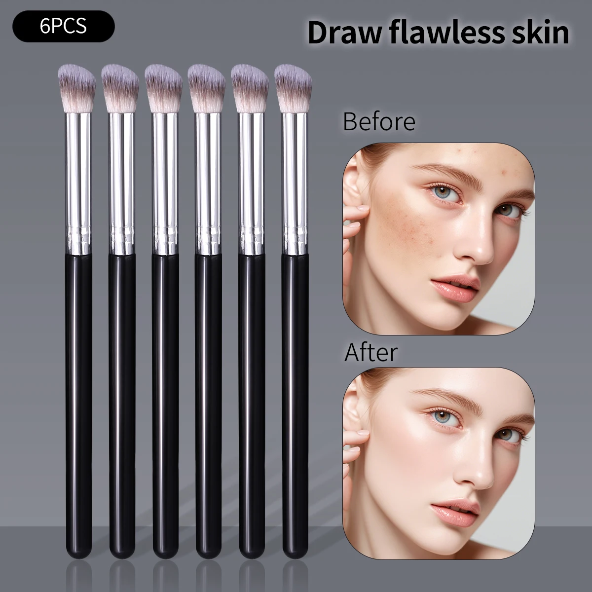 얼굴 잡티를 정확하게 커버하는 6PCS 다기능 소프트 앵글형 컨실러 브러쉬. 초보자용 메이크업 브러쉬. 미용 도구.
