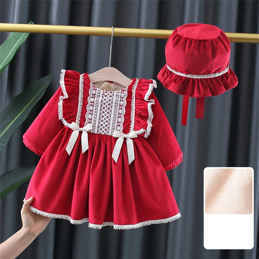 

1-6Y Christmas Children Kids Baby Girls Dresses Red&Green Velvet Long Sleeve Lace Bow Party Dresses Princess Xmas Costume Winter