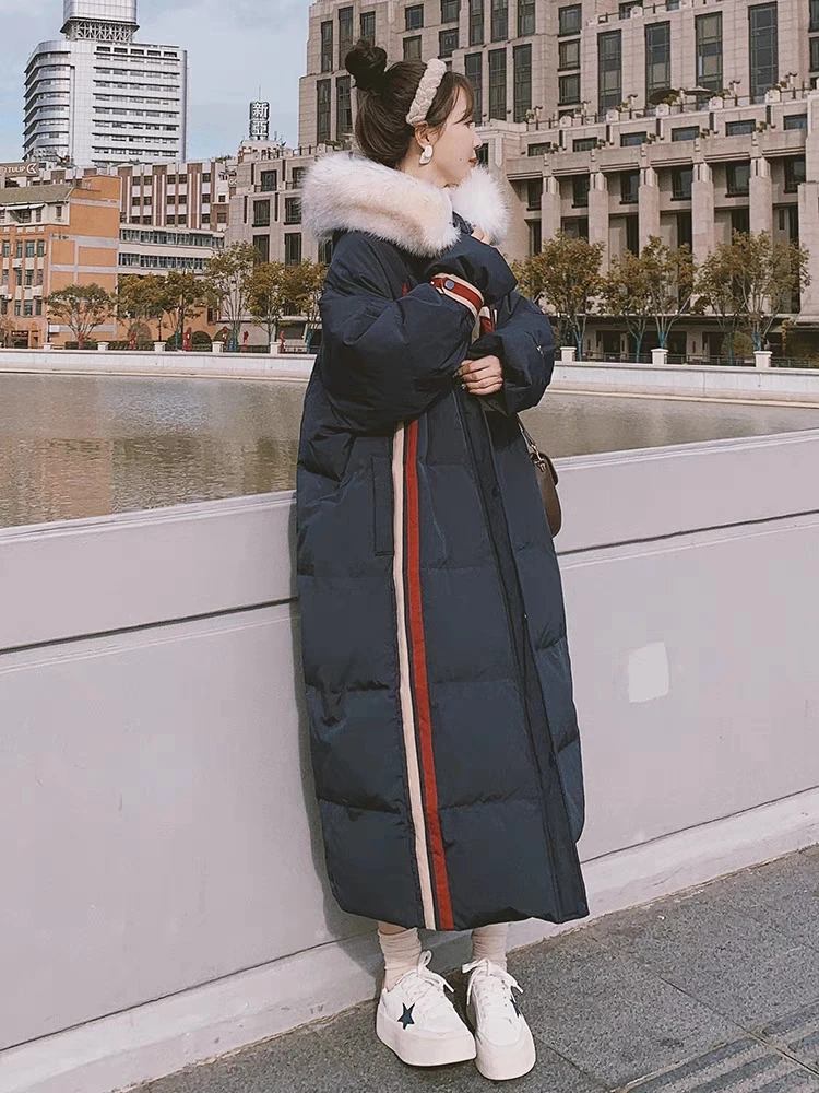 2023 Winter New Popular 90% White Duck Down Long Over Knee Navy Large Fur Collar Hooded Down Coat Women's Thick Coat