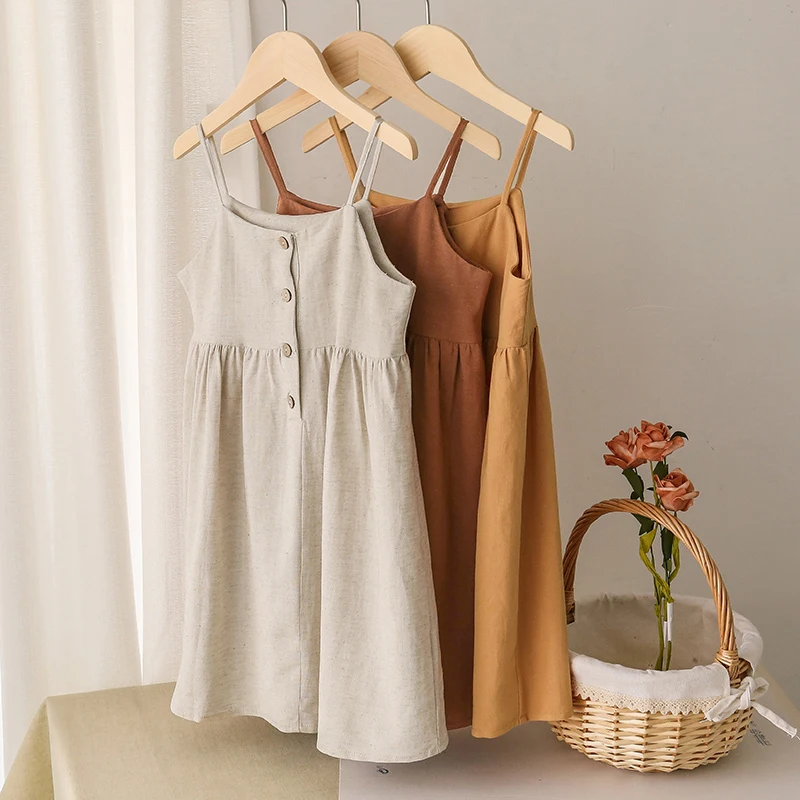 55% Linen 45% Viscose Girl's Fashion Summer Dress Casual Strapless Button Dress For Kids Girl TZ25,kids clothes,princess costume,girls dress