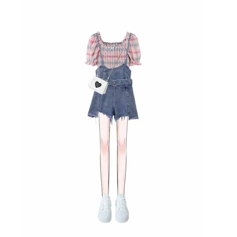 Summer Dopamine Women's Set 2024 New Bubble Sleeve Top Paired with Denim Suspender Pants Two-piece Set Trendy