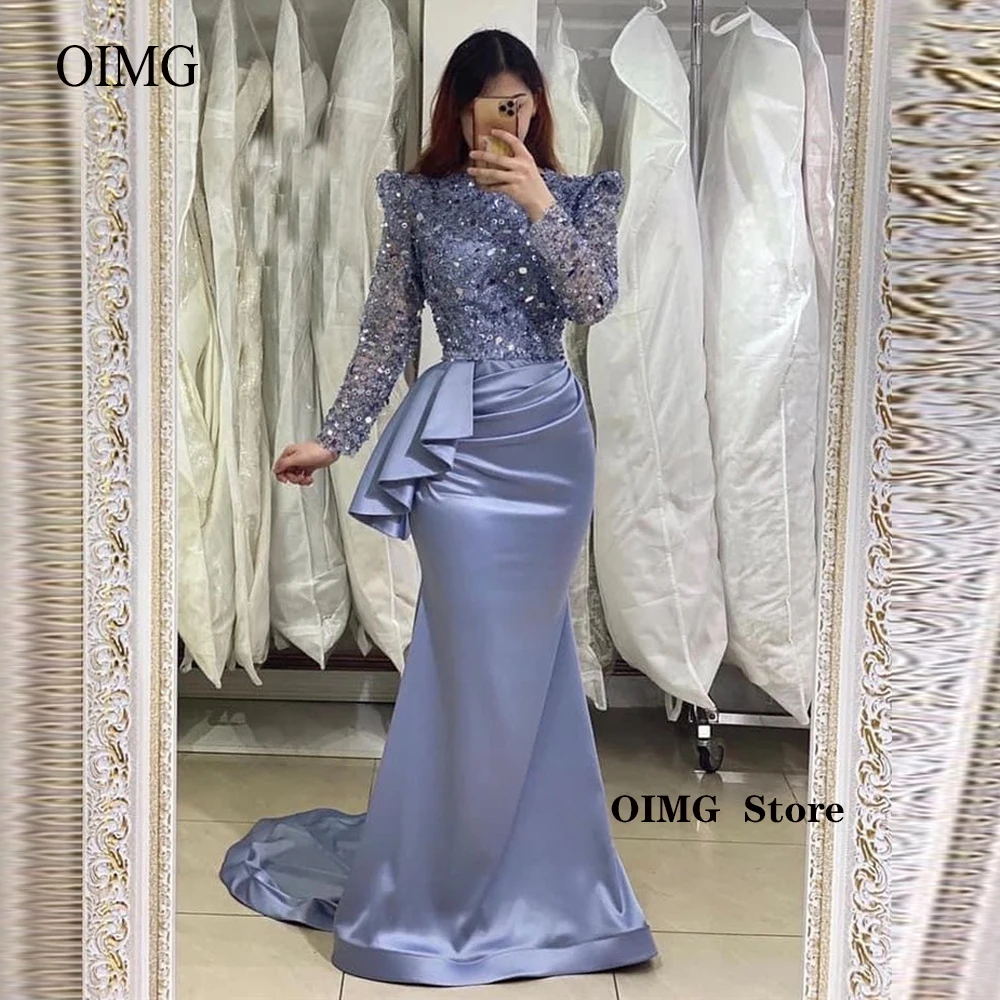 

OIMG Dusty Blue Satin Glitter Sequin Top Mermaid Evening Dresses Long Sleeves High Neck Pleats Arabic Women Formal Prom Gowns