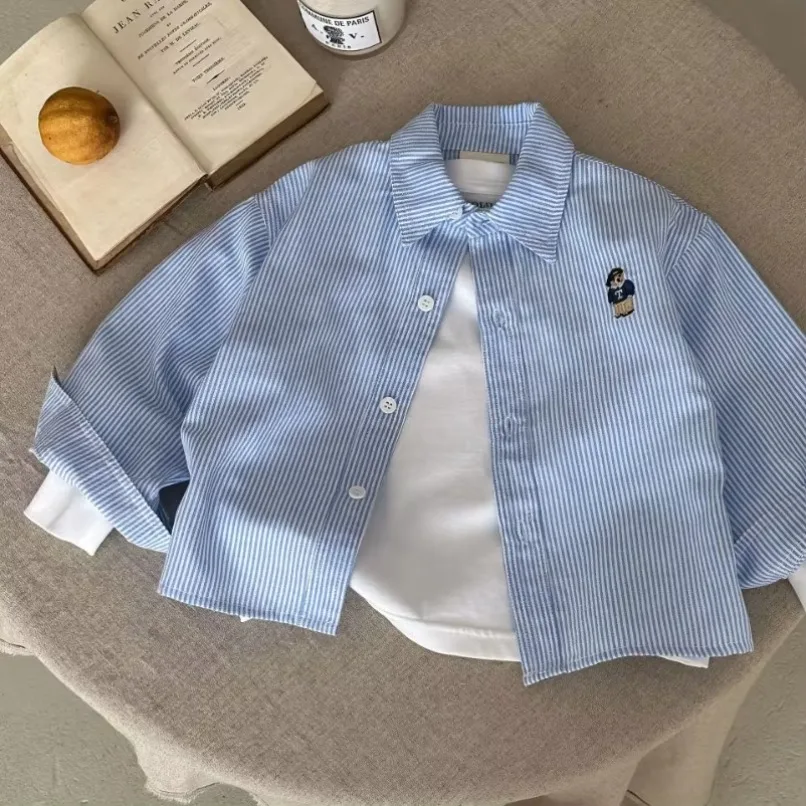 Children's Shirt Cartoon Boys' Girls' New Long Sleeve Blouses Shirts Korean Children's Clothing Spring Pink Blue White Blouse