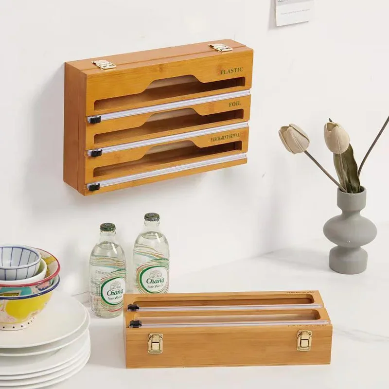 Hot 3 IN 1 Bamboo Wrap Dispenser with Cutter Food Wrap Cling Film Storage Organizer Bamboo Foil Organizer for Kitchen Drawer 3