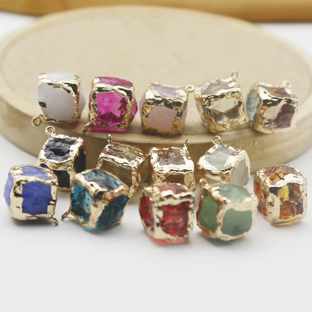 New Cross Border Multi Color Gold Cube Edge Pendant Crystal Glass Gold Edge Diy Jewelry Keychain Accessories 10Pcs Free Shipping