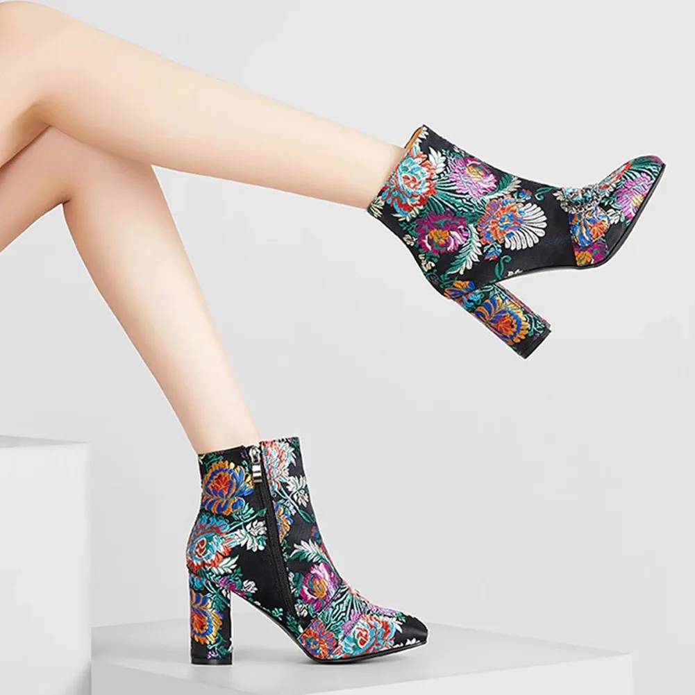 Big Size 43 Brand New Ladies Ankle Boots Fashion Zip Buckle Embroider Thick High Heels women's Boots Party Sexy Woman Shoes