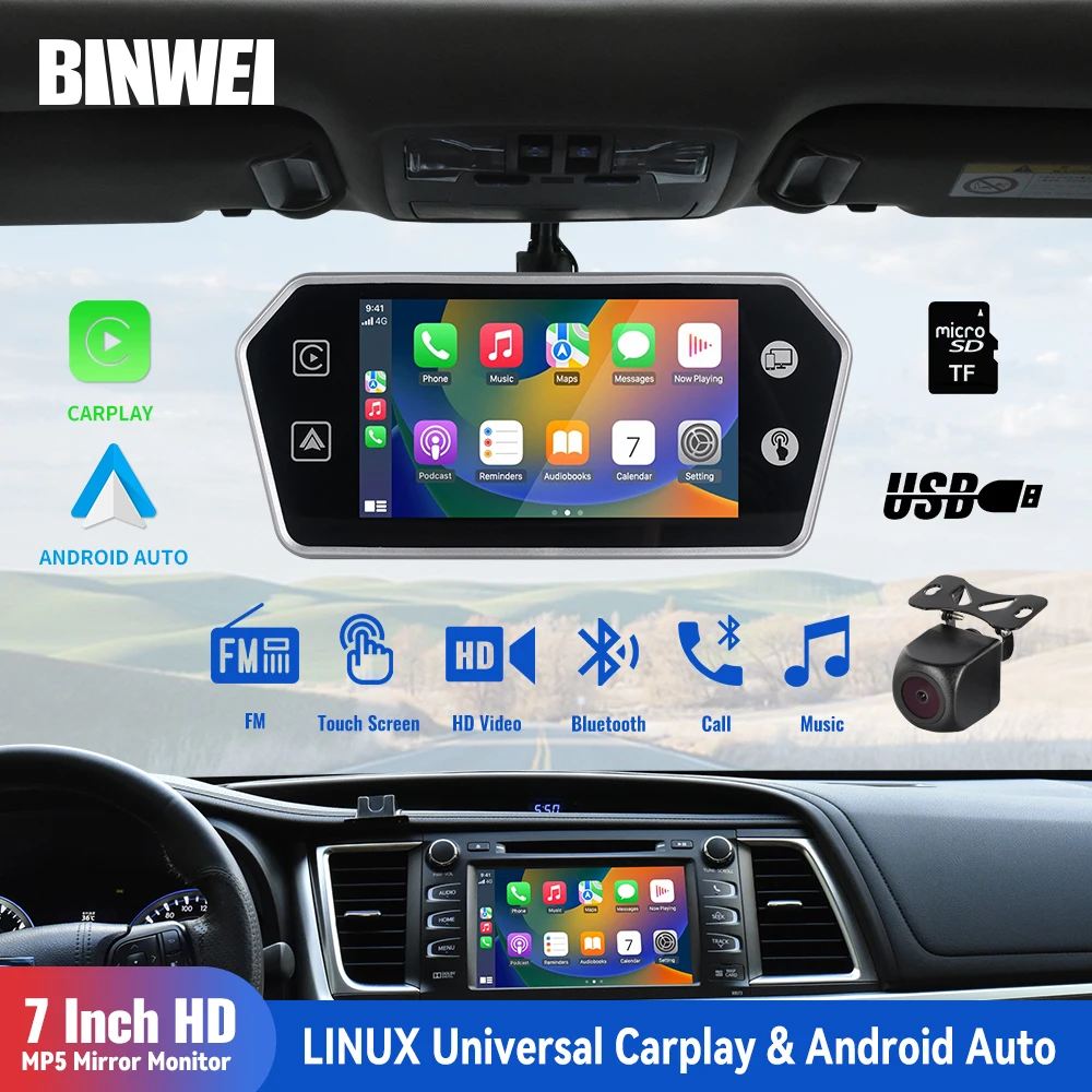 BINWEI 7 Inch Car Rear View Mirror Monitor with Camera Carplay Andriod Auto HD Video FM Radio MP5 Multimedia Player with USB TF