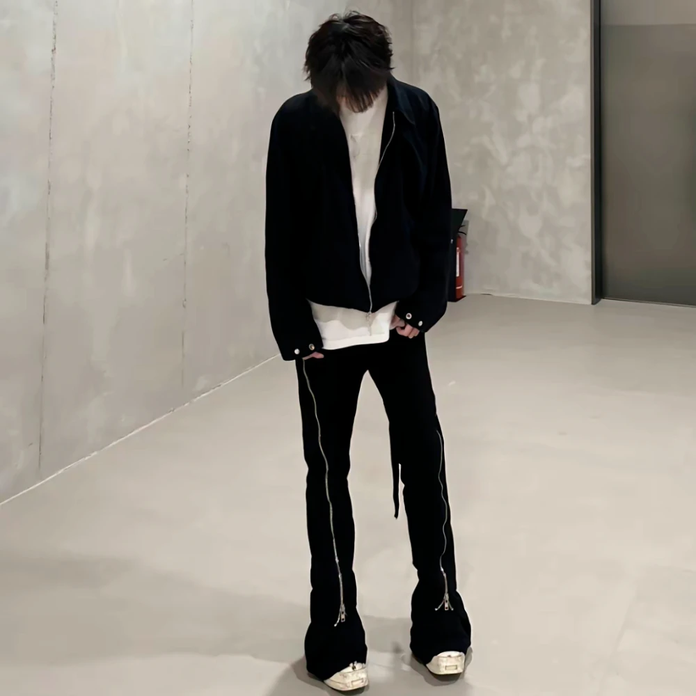 

High Street Side Zipper Denim Micro Flare Baggy Jeans Pants Men's Black Loose Casual Adjustable Jeans Overalls Male Clothing