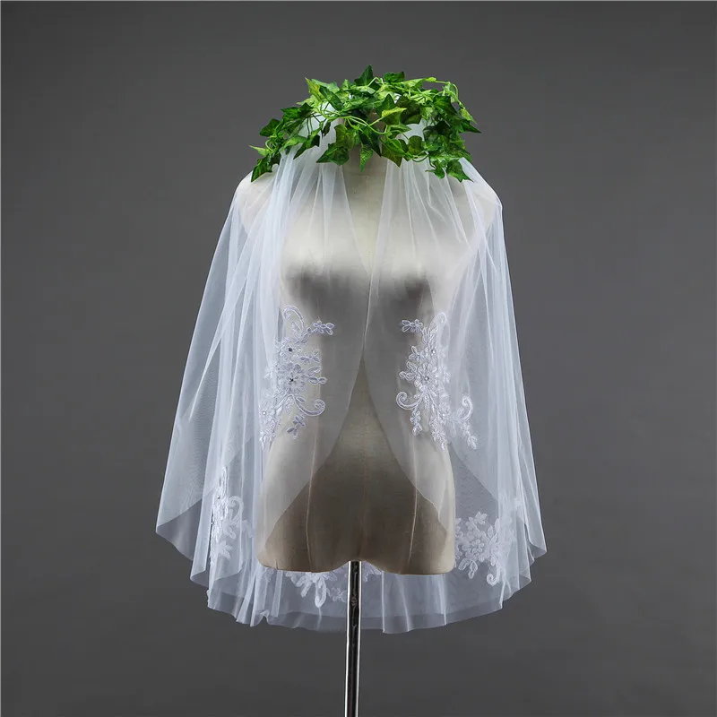 

Short Bridal Veils Double-layer Covered Applique Lace Edge Wedding Veil for Bride Novia Bodas Voile Mariage Fascinator Elegant