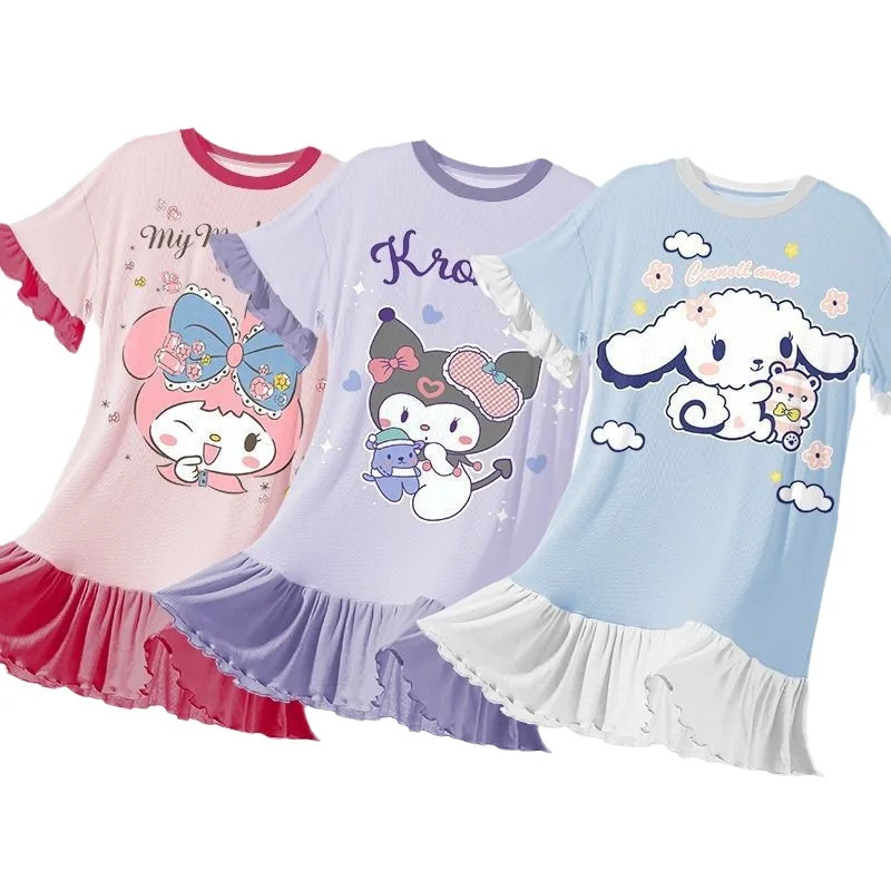 

Sanrio Anime Children Pajama Skirt Cinnamoroll Kuromi Cartoon Cute Adult Summer Short Sleeve Girl Home Clothing Dress Nightgown