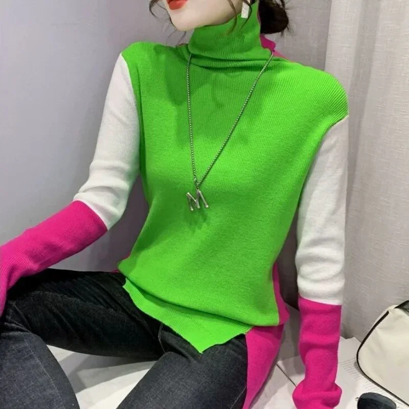 

New Ladies Pullover Sweater, Autumn and Winter Contrasting High -neck Sweater, Orange Long -sleeved Women's Top Sweater Women
