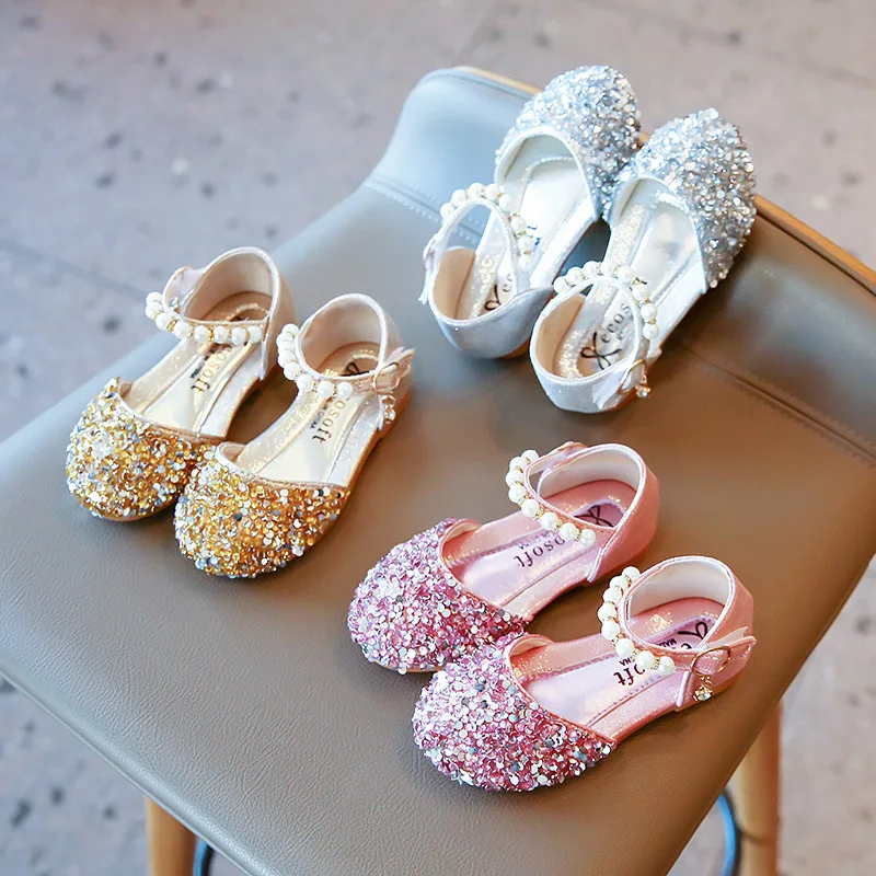 

2024Spring and Summer New Girls' Leather Shoes Baby Princess Shoes Children's Casual Shoes Sequined Shoes Pearl Dance Shoes