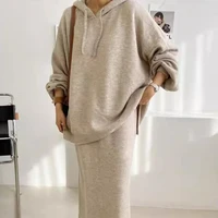 Retro Lazy Sle Long Sve Knitted Sweater And f Skirt Set Autumn Winter Faion Loose Fit Two Piece Women's Ensemble