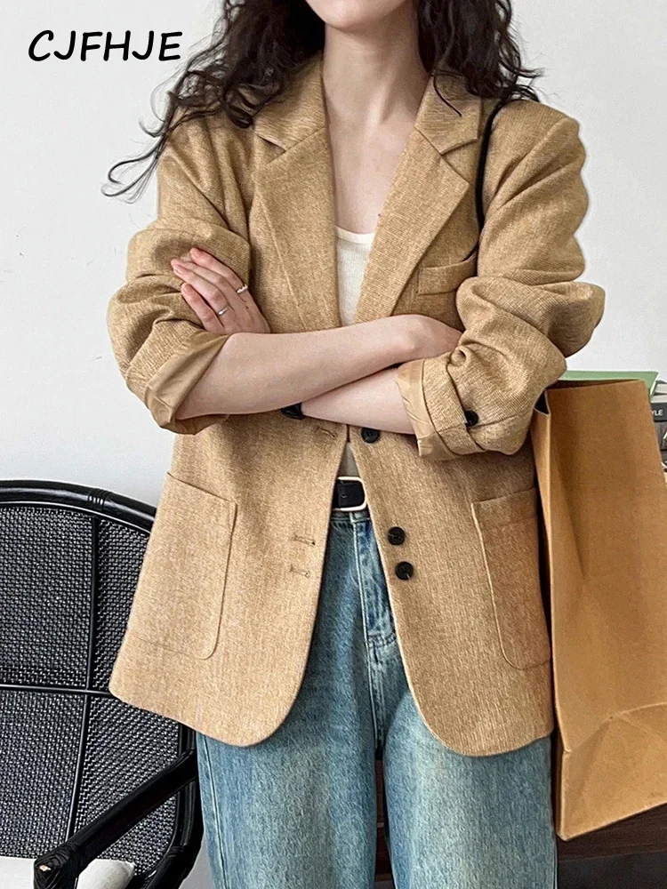 

CJFHJE Autumn Loose Notched Collar Women Suit Jackets Vintage Yellow Long Sleeve Single-breasted Female Blazers Ladies Outwear