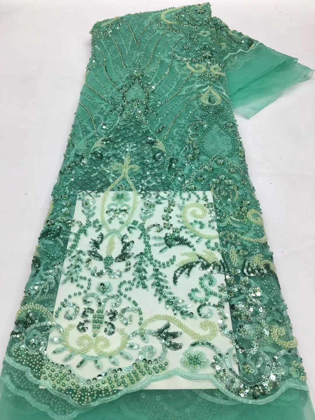 

Aqua нигерийский Тюль кружевные ткани с бусинами высокого качества Роскошные африканские блестки французское Тюлевое кружево для фотографий VXX5482