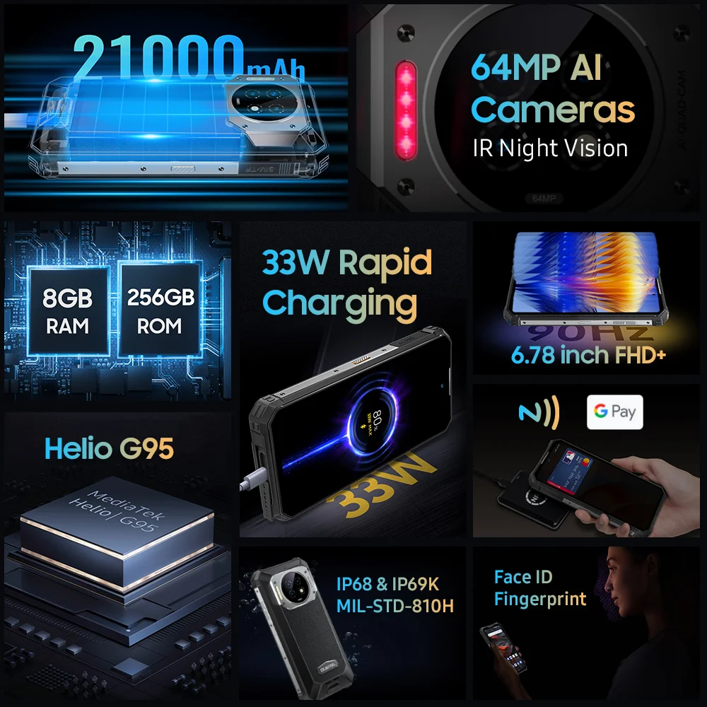 OUKITEL WP19 Rugged Smartphones 21000mAh Large Battery 6.78Inch FHD 8GB+256GB 64MP Triple 20MP Night Vision Camera Mobile Phones