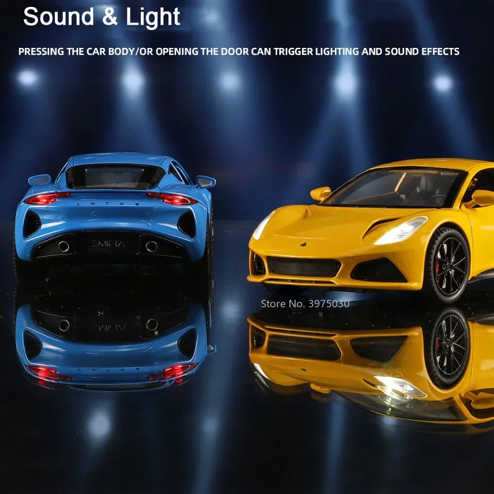 1:24 Lotus Emira Sportcar Miniature Car Model Toy Alloy Diecast Vehicles Doors Opened Sound Light Pull Back Collect Toys for Boy 4
