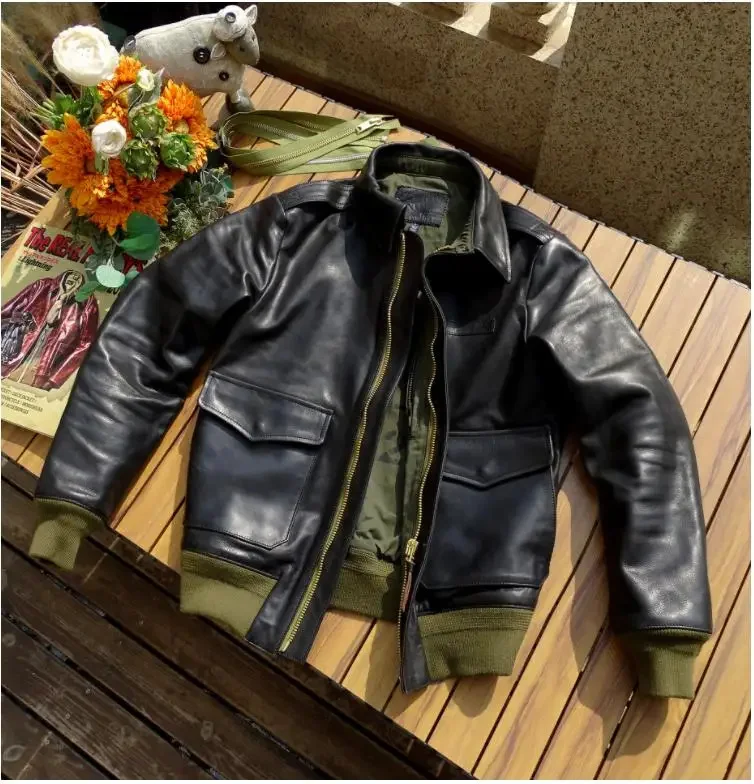 

Free shipping.Bomber A2 style genuine leather jacket.Men luxury thick Italy calf coat.quality casual A-2 outwear