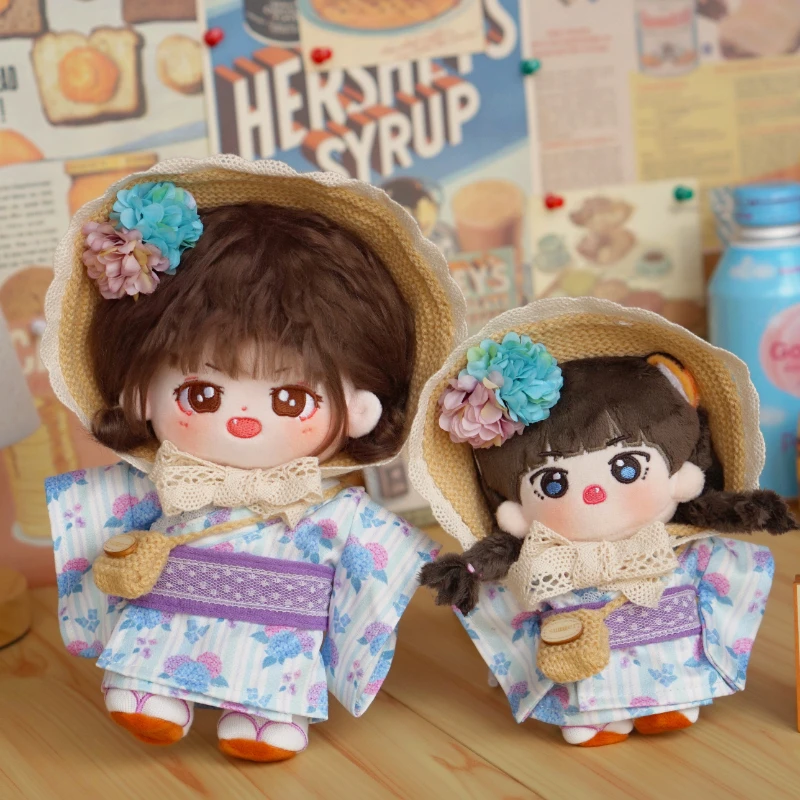 

handmade limited 4pc/set Hydrangea Yukata Set 15/20cm Kawaii Kimono Plush Dolls Outfit Toys Baby Doll's Accessories Cos Suit