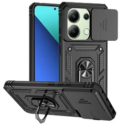 Shockproof Armor Case with Slide Lens Protector and Ring Stand Cover for Redmi pocoX6 5G (Black)