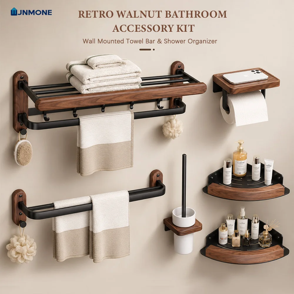 Ensemble d'accessoires de salle de bain en bois de noyer, porte-serviettes mural, étagère, porte-papier toilette, kit de quincaillerie de salle de bain, organisateur de douche Moderne De Luxe En Bois Massif De Bain Ser