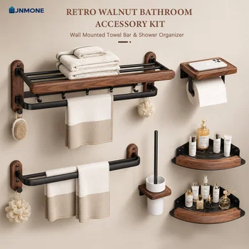 Ensemble d'accessoires de salle de bain en bois de noyer, porte-serviettes mural, étagère, porte-papier toilette, kit de quincaillerie de salle de bain, organisateur de douche Moderne De Luxe En Bois Massif De Bain Ser
