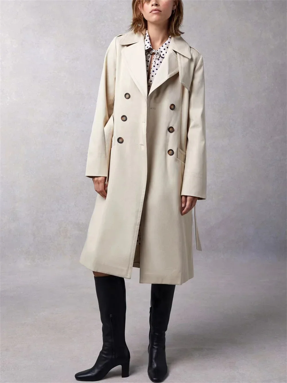 

Women‘s Mid Length Trench 2023 New Double Breasted Belt Turn-down Collar Solid Color Casual Long Sleeves Windbreaker