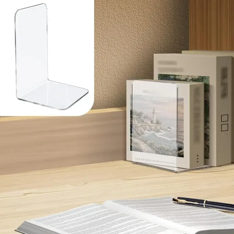 L-Shaped Transparent Acrylic Bookends Stand Bookshelf Desktop Decorative Storage Rack Holder School Stationery