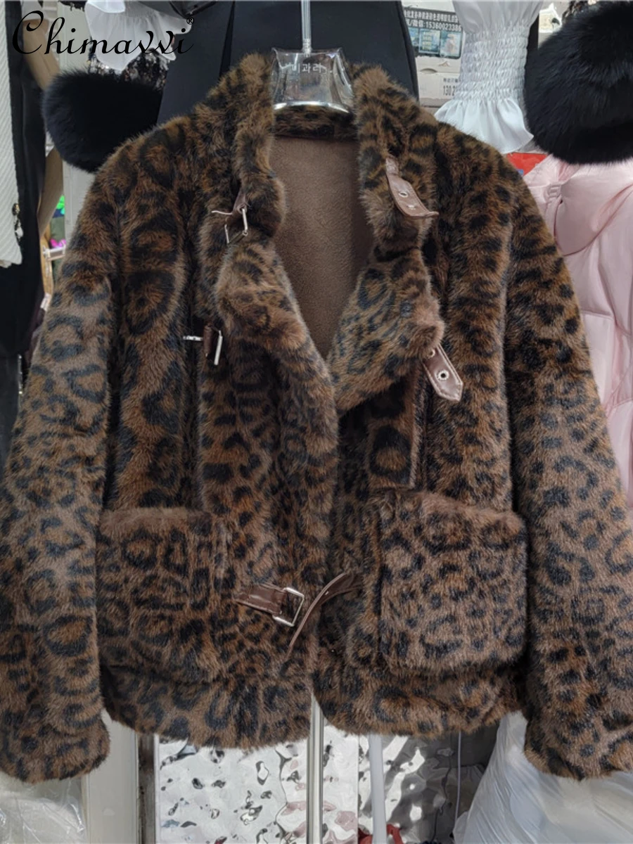 

Stand Collar Leopard Print Fur One-Piece Short Coat Women 2023 Winter Clothes Fashion Lamb Fur Stitching Suede Motorcycle Jacket