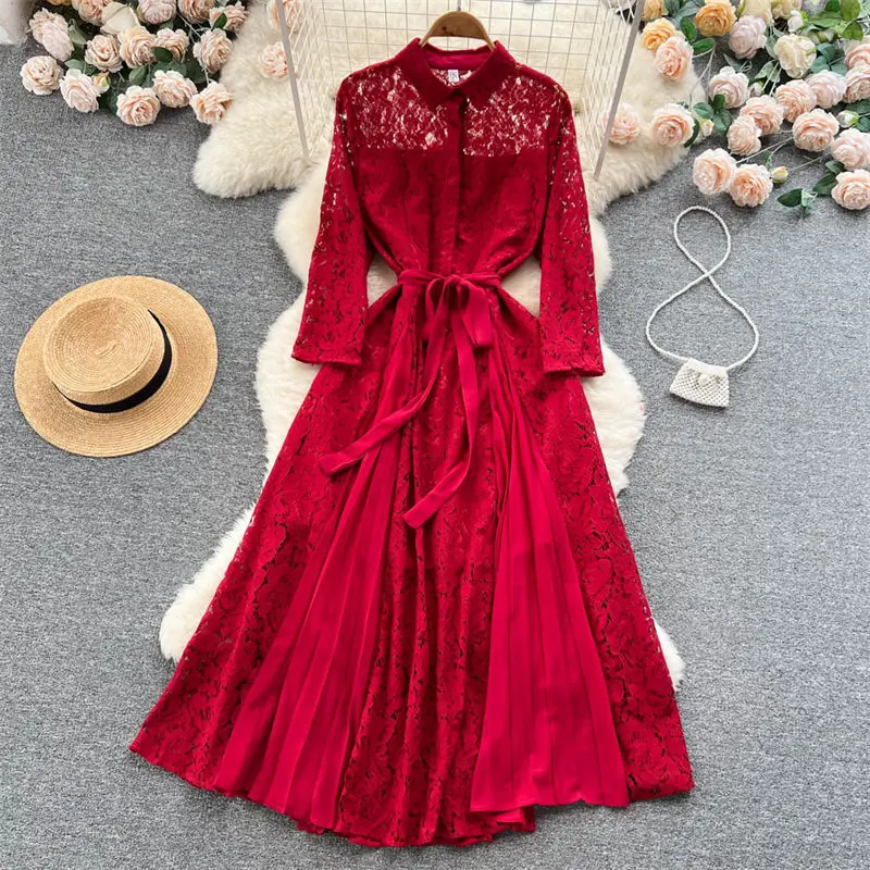 

Lace Dresses For Women 2023 Spring Celebrity Temperament Shirt Collar High Waist Slim Long Premium Dress Elegant Vestido Z665