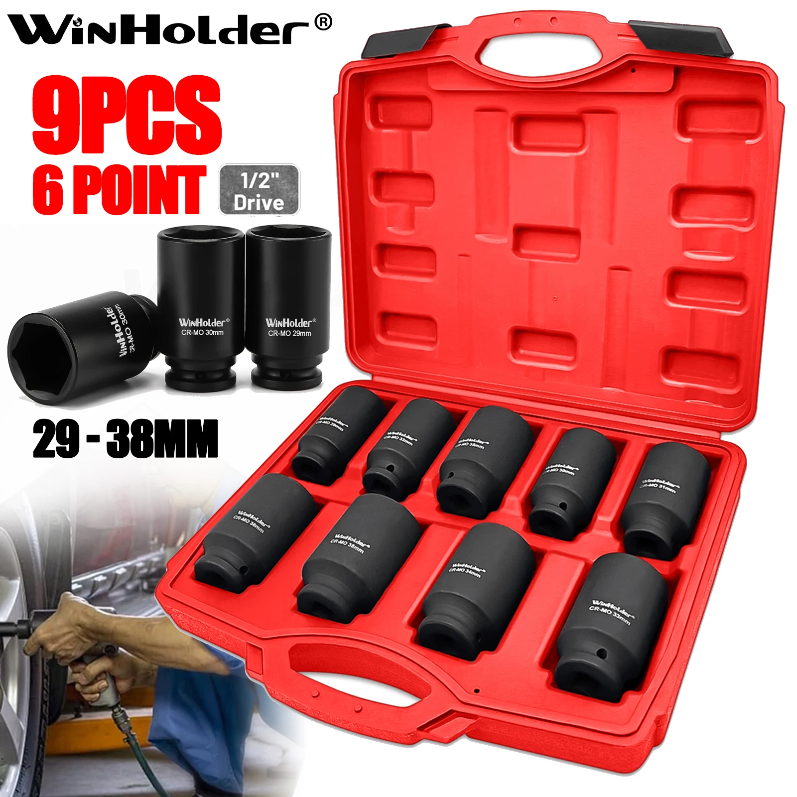 9Pcs 1/2" Drive 6 Point Pneumatic Axle Nut Hub Air Impact Deep Socket Set 29-38mm Adapter Wrench Garage Hand Tool Red Case