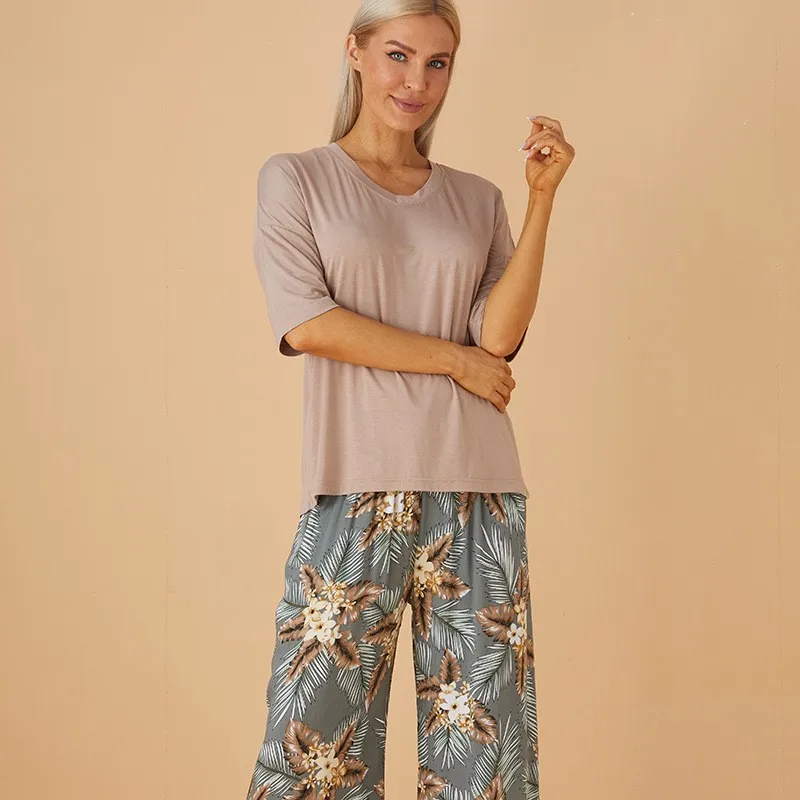 

Breathable 2PCS Pajama Short Sleeve Printed Pijama Mujer Femme Loose Nightwear Suit Female Casual Homewear Pajama Set For Women