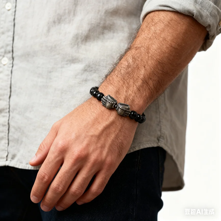 Men Viking Bracelet Lava Obsidian Stone Beaded