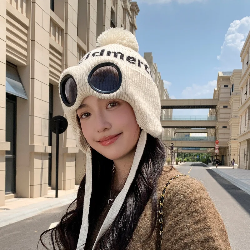 Winter Hat With Glasses Set Head Hat Women Outdoor Cold Protection Warm Ear Protection Hairball Knitted Woolen Skiing Sports