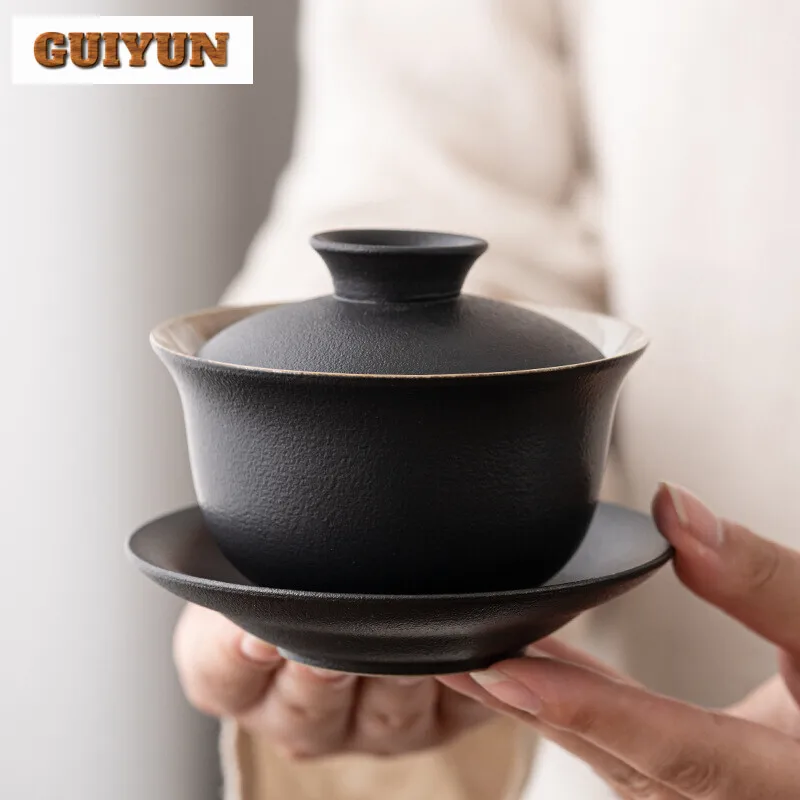 160ml Coarse Pottery Handmade Cover Bowl Household Small Capacity Gaiwan Aesthetic Tea Tureen Tea Brewing Items Collection
