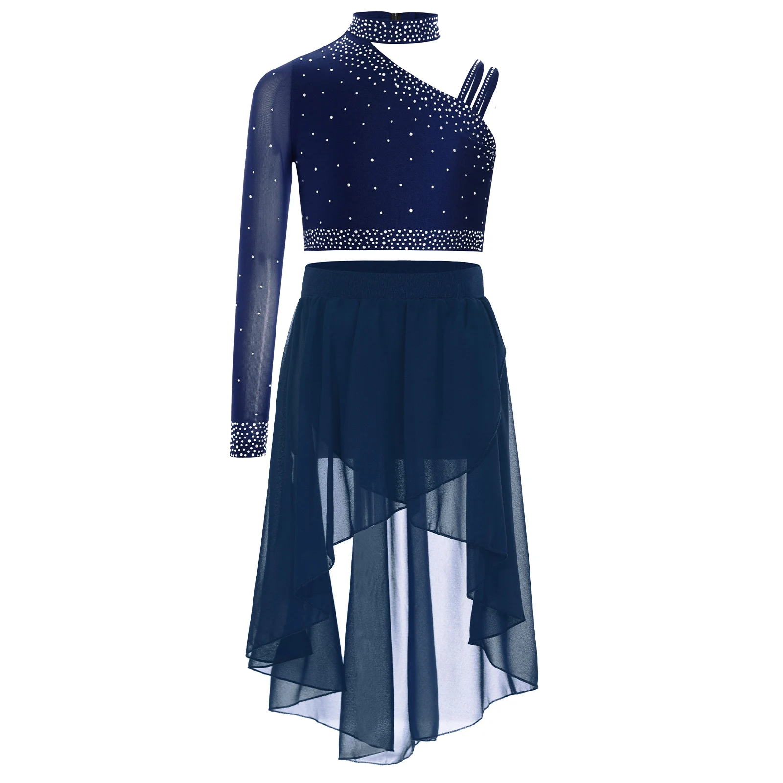 Kinder Mädchen Ballett Lyrical Dance Performance Kostüm Glitzernde Strasssteine Tops Unregelmäßige Schulter Crop Top mit High-Low Rock – Detail 14
