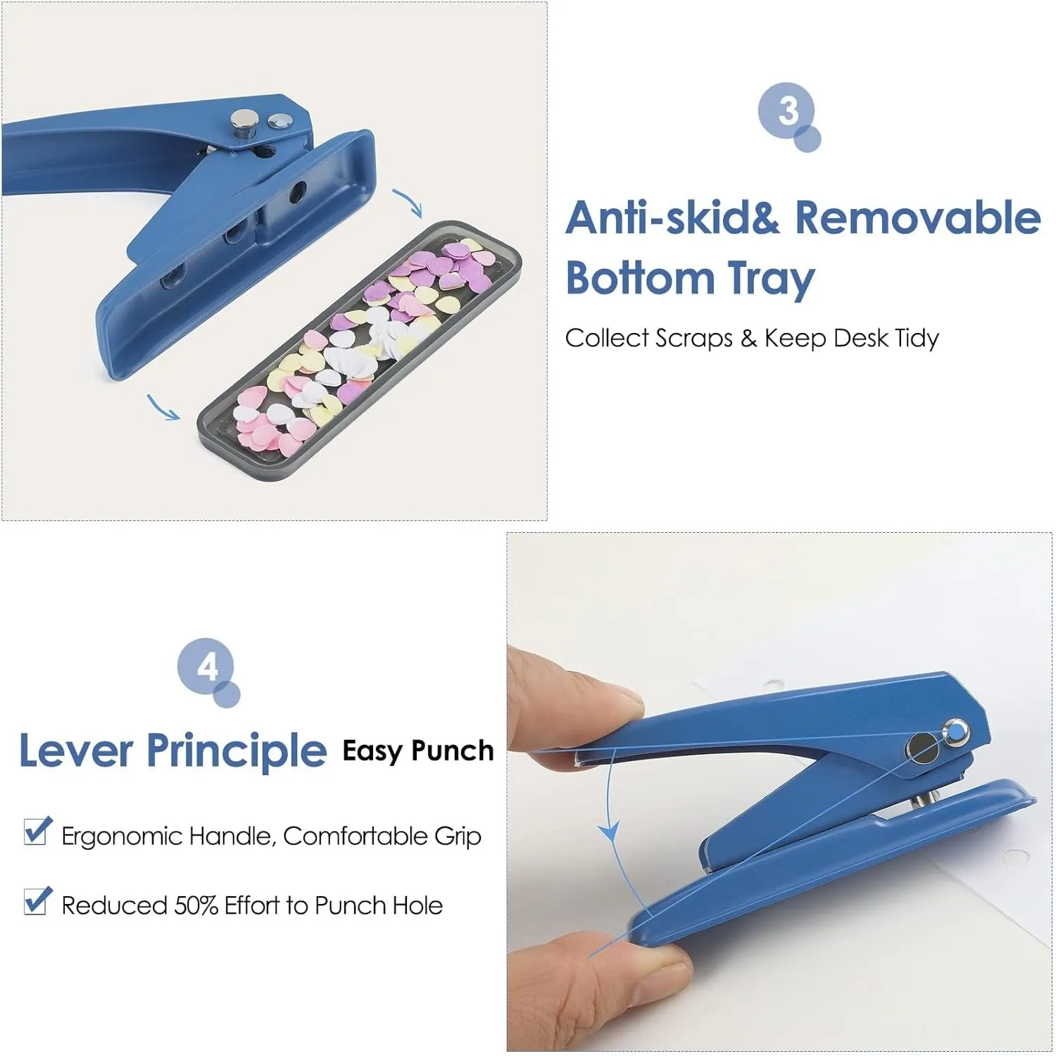 Single Hole Punch 1/4" Capacity 20 Sheet Handheld Puncher Blue Non-Skid Base Ideal for Paper Chipboard Craft Art Projects
