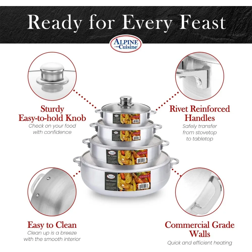 8 Piece Set Aluminum Caldero Stock Pot with Glass Lid, Commercial Grade Cooking Dutch Oven，Glass Lid