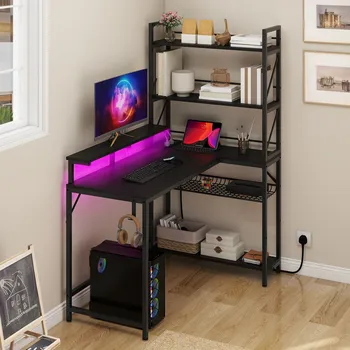 Balconera L-Shaped Gaming Desk - Black 106cm Corner Desk with Power Outlets, LED Lights & Storage Shelves for Home Office