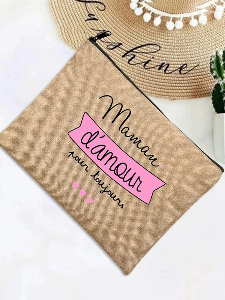 French Print Simple Linen Wallet Beach Holiday Travel Organizer Makeup Case Mother's Day Gifts Wristlet Clutch Bag Mom Shopping