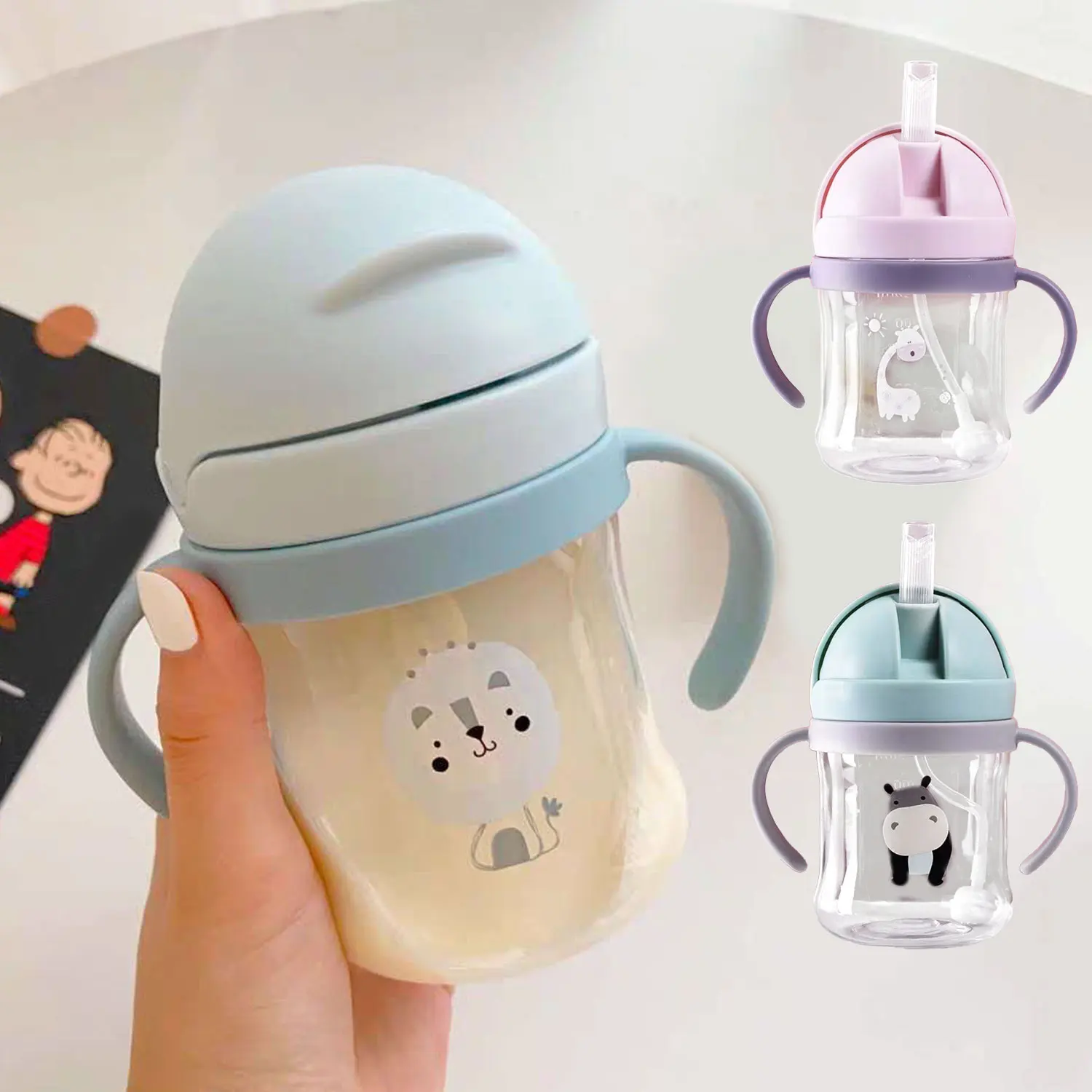 Water Bottle Milk Bottle Feeding Bottle Glass Milk Bottle 250ml Cartoon Pattern Outdoor Children Drinking Cup Training Portable Handle Straw Cup