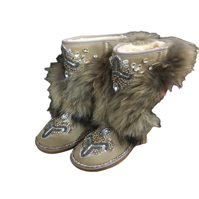 

Rhinestone vintage handmade custom fox hair boots beaded winter plus fleece warm fur one-piece boots women's plus size 35-44
