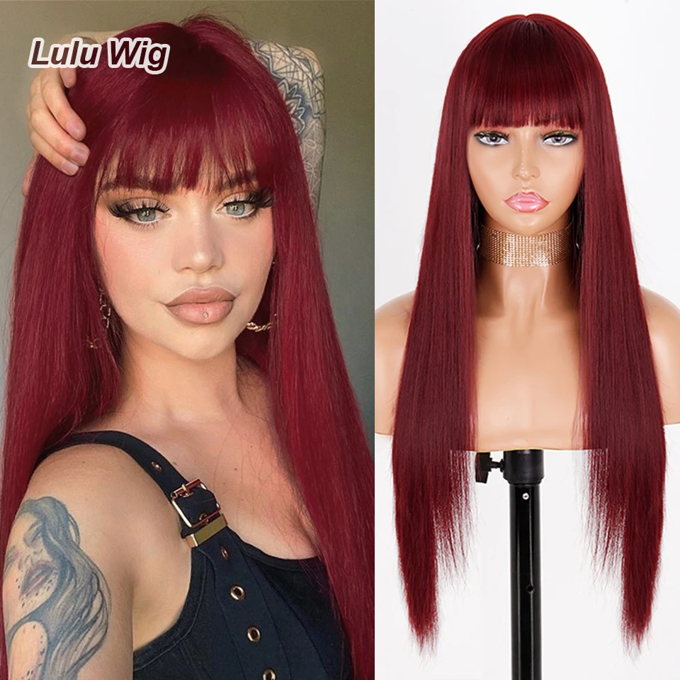 Long Straight Wine Red Wig With Bang Synthetic Wigs for Women Heat Resistant Natural Hair for Daily Halloween Cosplay Party 1
