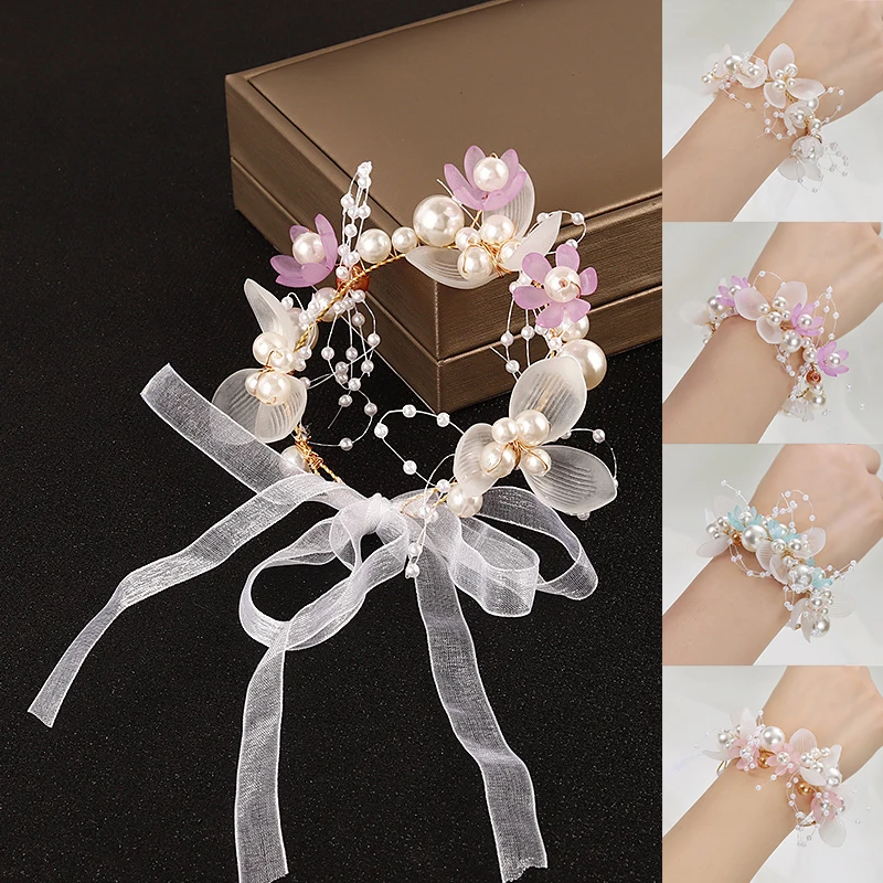 Wedding Party Wrist Pearl Corsage Bracelet Bridal Bridesmaid Hand Wrist Flower 