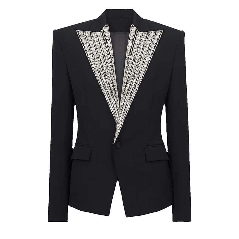 

2024 New Elegant Black Jacket Women's Suit Fashion Femal Heavy Industry Diamond Studded Beaded One Button Slim Autumn Jackets